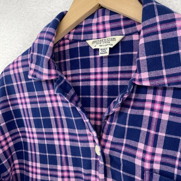 BONSOIR Pajama Set Womens M Flannel Brushed Cotton Plaid Shirt Pants Purple - Picture 6 of 14